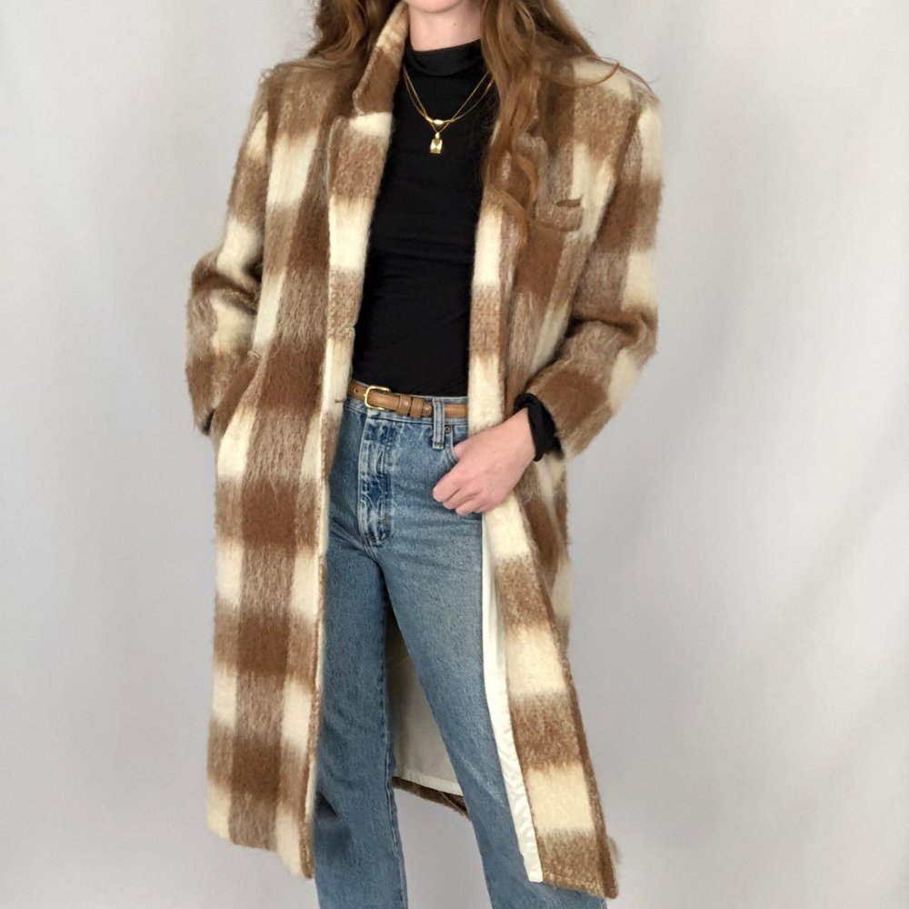 Stunning Vintage Plaid Mohair Wool Long Oversized Trench Shacket Jacket Pea Coat - Picture 7 of 10